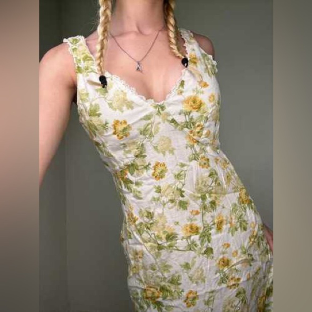 VTG LAURA ASHLEY Linen Floral Yellow Roses Midi Dress Cottage Garden Lace Trim 6 - Picture 12 of 16